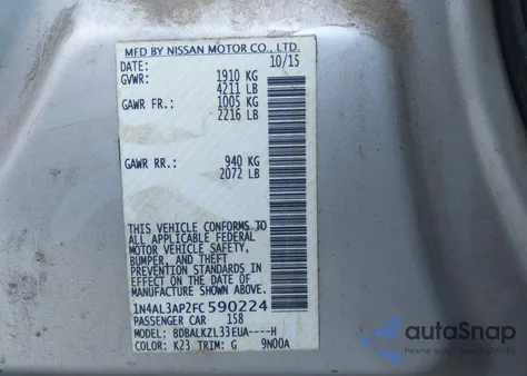 2015 Nissan Altima 2.5 Sv z USA, uszkodzony, nr VIN 1N4AL3AP2FC590224